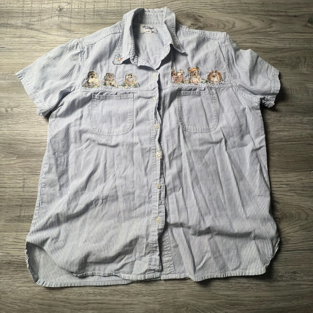 Solutions Original Shirt Mens XL Blue Striped Embroidered Puppies Short Sleeve